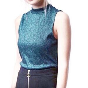 Topshop Glitter High Neck Cropped Teal Top